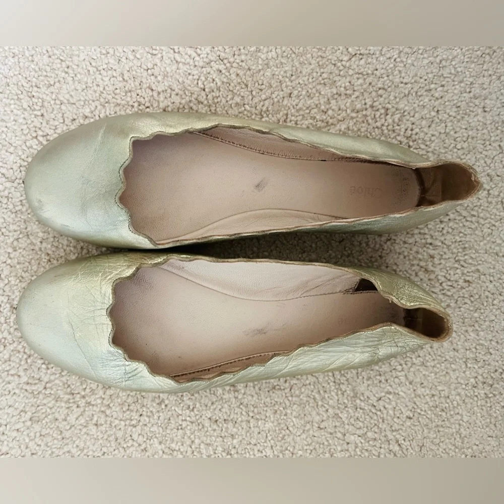 CHLOE LAUREN GOLD LEATHER BALLET 34 4 GIRLS HOLIDAY FLATS SCALLOPED EDGE SLIP IN